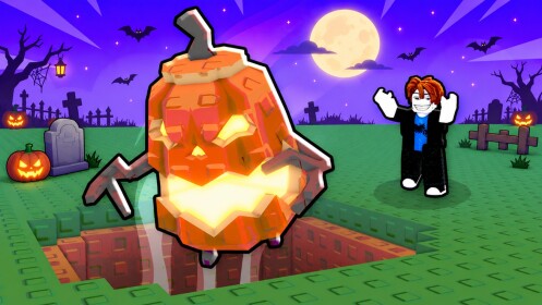Drop a Fruit game art showing a giant pumpkin bursting out of a fruit plot