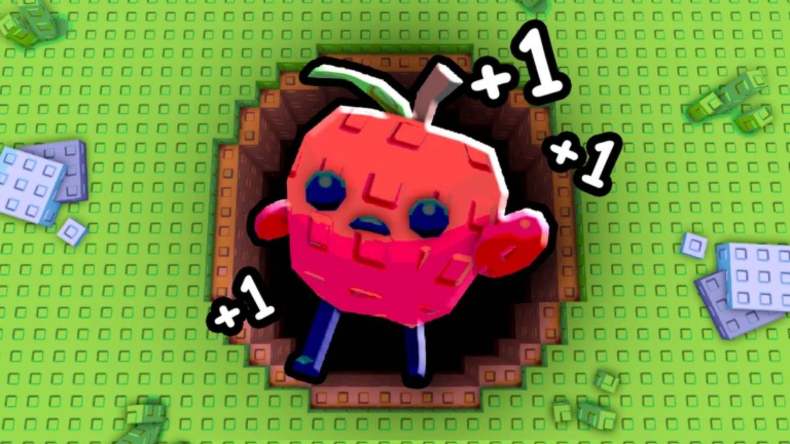 An apple-shaped fruit character in Drop a Fruit falling into the hole while +1 reward pop-ups appear